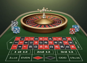 A lively casino table featuring blackjack cards, roulette wheel, and poker chips.